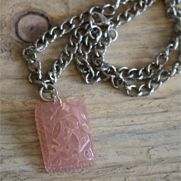 Artisan Created Rhodium Plated Chain and Rectangle Carved Pendant - Picture 1 of 4